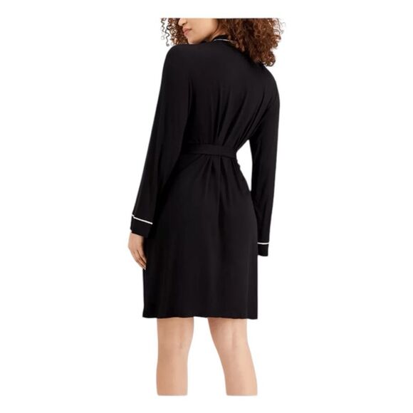 Alfani Contrast Trim Short Robe Black White Trim Knit Wrap Bathrobe Long Sleeve - Picture 5 of 12